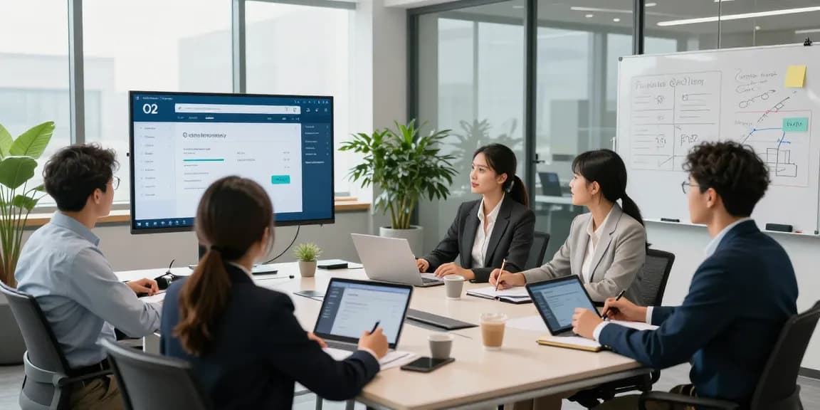 Business professionals using the O2 business login during a virtual meeting in a modern office environment.