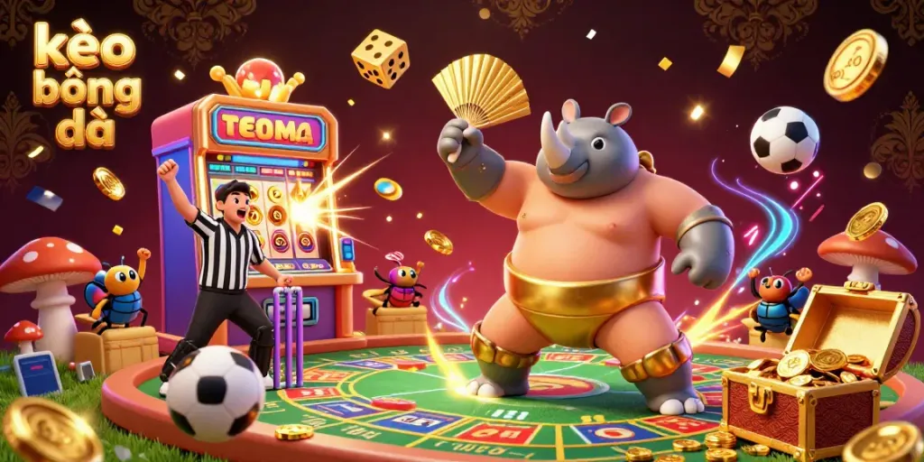 Kèo bóng đá showcases a lively sports betting scene with a champion beetle and celebrating spectators.