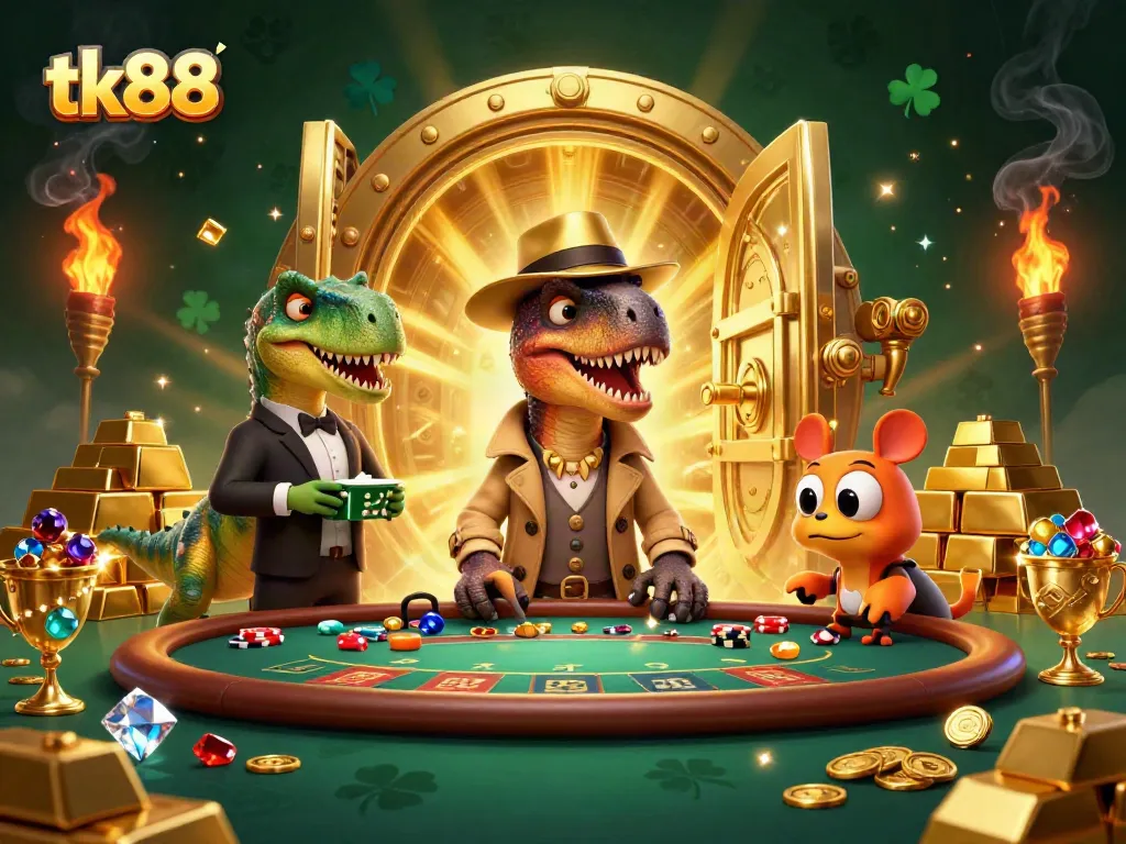 Experience thrilling blackjack action with tk88 at a lively casino scene featuring unique characters and gold elements.