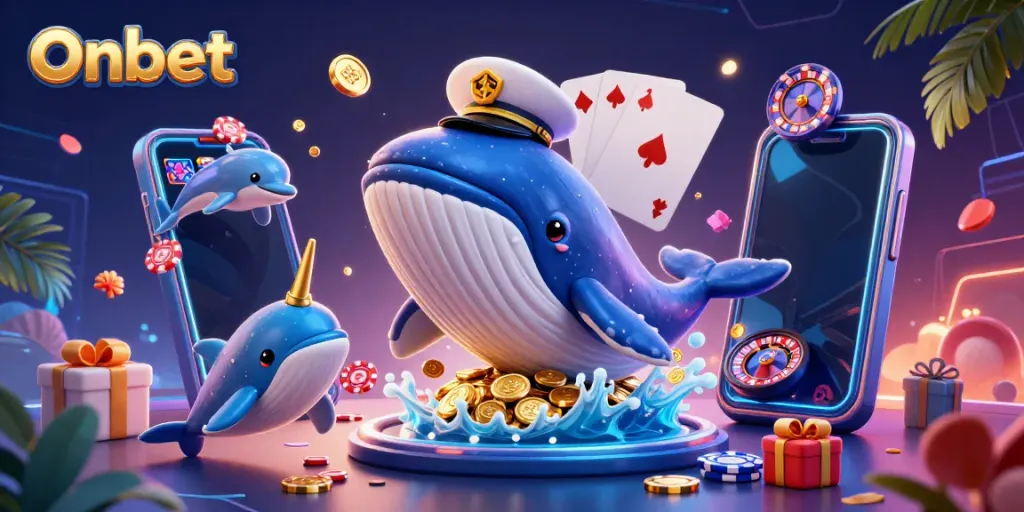 Onbet's immersive gaming scene featuring a whale and vibrant casino elements.