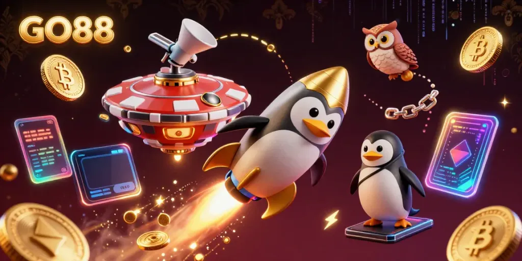 GO88's vibrant cartoon penguin entering a crypto-themed casino space adventure with golden coins.