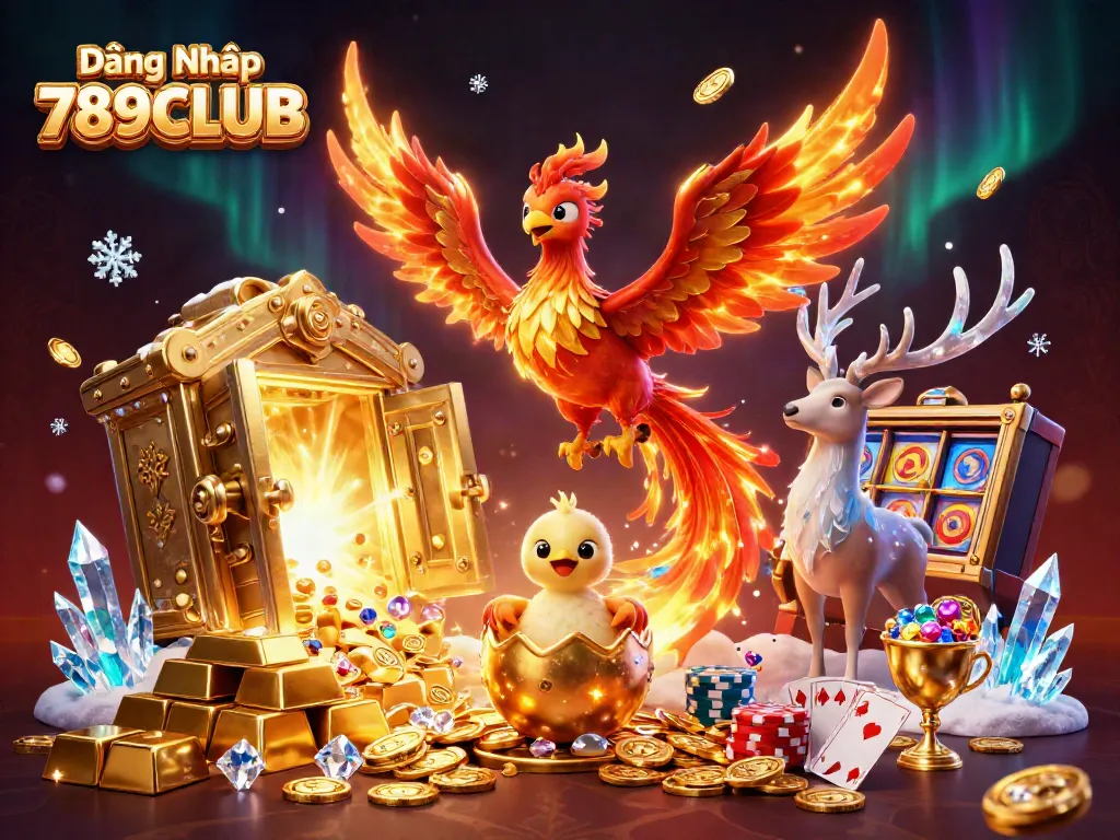 Experience the thrill of Đăng Nhập 789CLUB with a dynamic casino scene featuring a fire phoenix, baby chick, and mystical stag.
