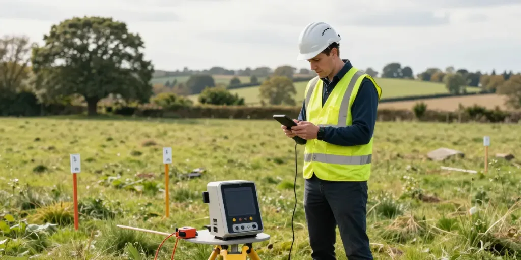 GPR Survey Surrey professional using ground-penetrating radar equipment in the field.