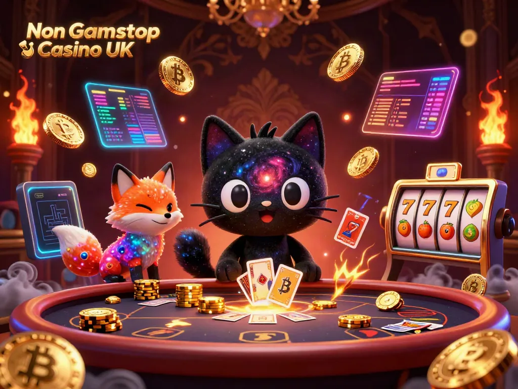 Engaging Non Gamstop Casino UK scene featuring a cartoon black hole cat and colorful fox amidst vibrant gaming elements.