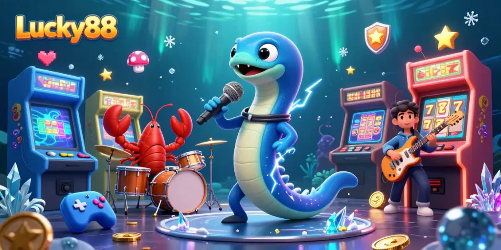 Engage with Lucky88's vibrant underwater casino atmosphere featuring electrifying characters and gaming elements.