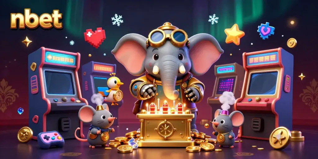 Experience excitement with the steampunk elephant character at the nbet slot machine in a vibrant casino scene.