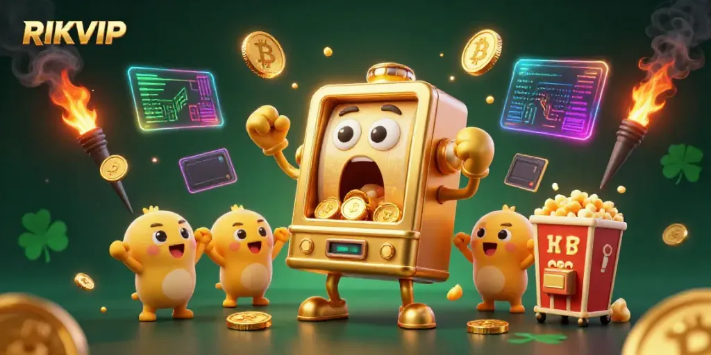 Experience RIKVIP's thrilling jackpot as a golden slot machine celebrates with cheerful companions amidst vibrant elements.