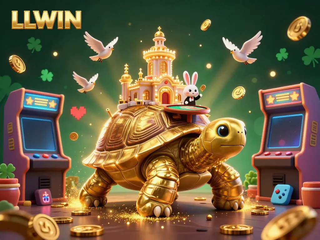 Experience the excitement of LLWIN casino with a giant tortoise and rabbit dealer surrounded by coins and game machines.