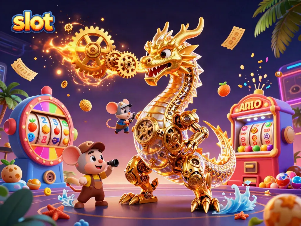 Experience thrilling slot reels and golden jackpots in this vibrant 3D casino scene.