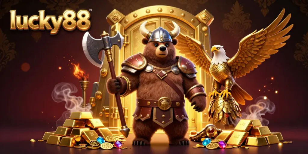 Experience thrilling wins at lucky88 with a Viking bear and Valkyrie eagle amidst golden treasures.