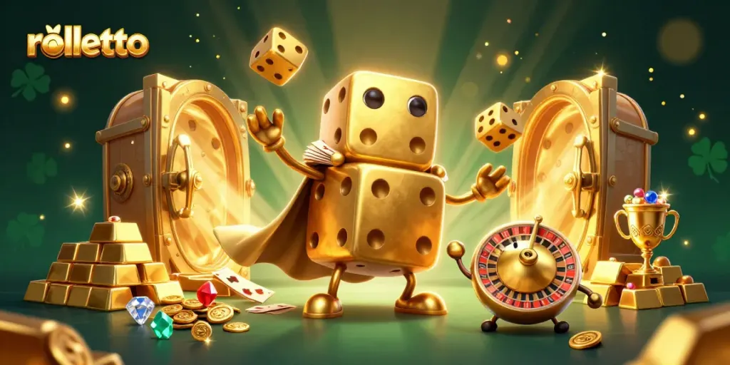 Experience rolletto in a vibrant 3D scene with dynamic characters and sparkling casino elements.