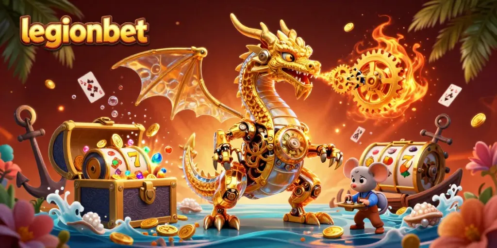 Experience the excitement of legionbet with golden dragons and treasure chests in a vibrant casino scene.