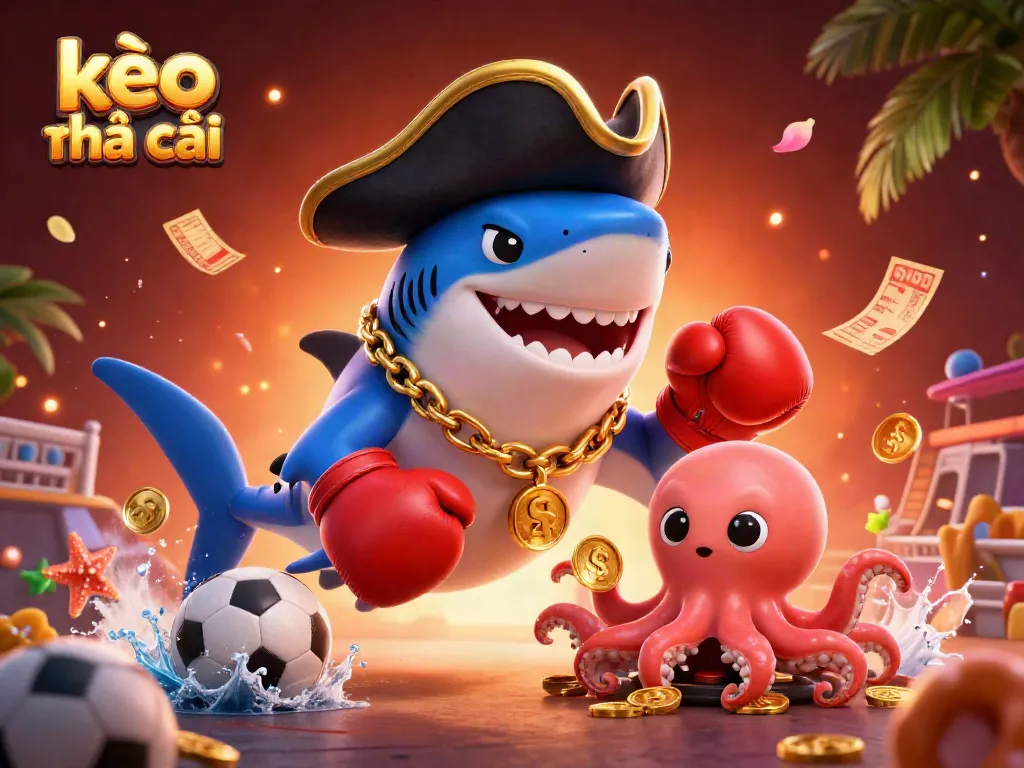 Engage with kèo nhà cái through a fun scene with a shark, pufferfish, and octopus celebrating sports betting.