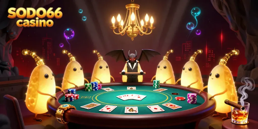 SODO66 casino illuminates a vibrant poker scene with glowworms in a cave setting.