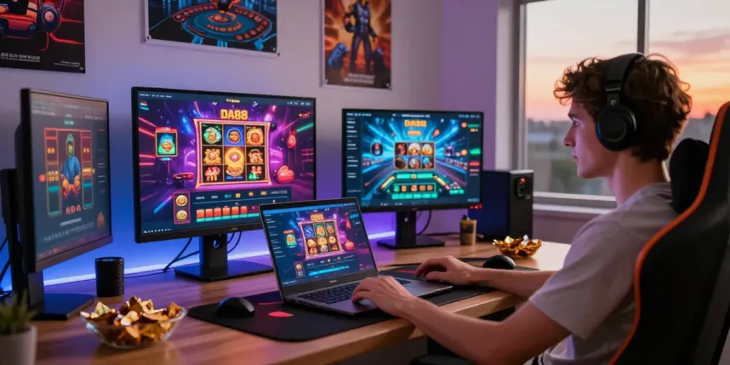 User exploring online games at DA88 platform in a vibrant and cozy gaming setup.