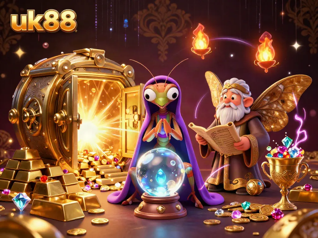 Experience thrilling moments with uk88 at an electrifying casino scene, featuring mystical elements and dynamic gaming treasures.