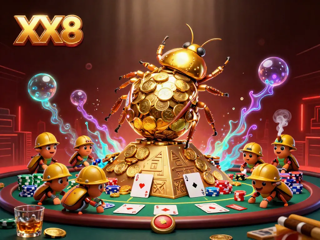 Engaging illustration of XX8 gameplay elements in a vibrant casino scene featuring a golden beetle and poker details.