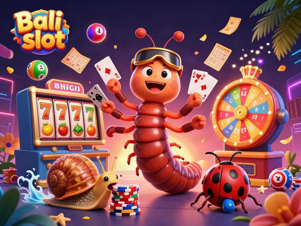 Bali slot dynamic scene featuring a millipede dealer, snail high-roller, and colorful slot elements.