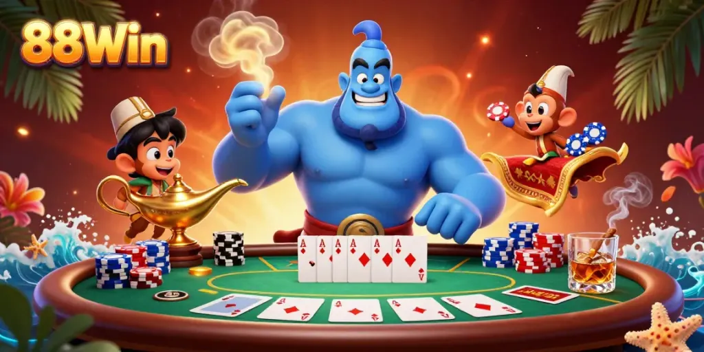 Experience the thrill of 88Win gaming with a dynamic genie and magical casino elements in vivid detail.