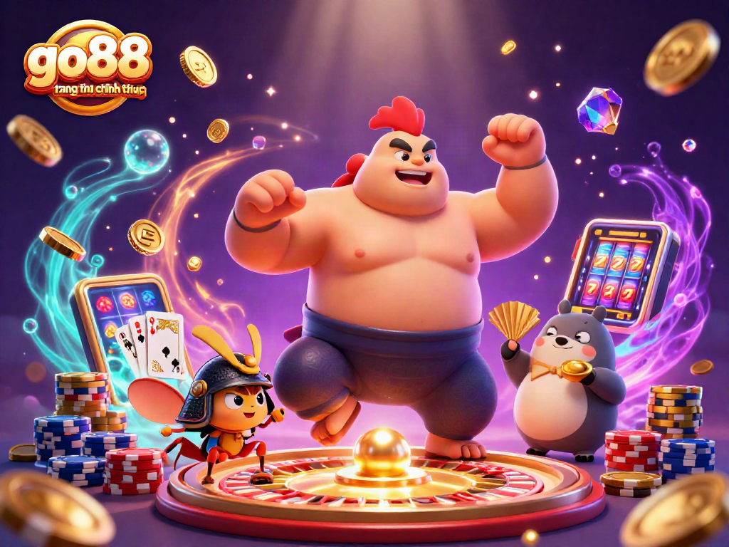 Engage with go88 trang chu chinh thuc featuring a thrilling sumo rooster battle scene amidst sparkling casino elements!
