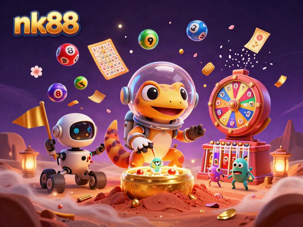 nk88 showcases a 3D Martian gecko uncovering a golden casino amidst vibrant lottery elements