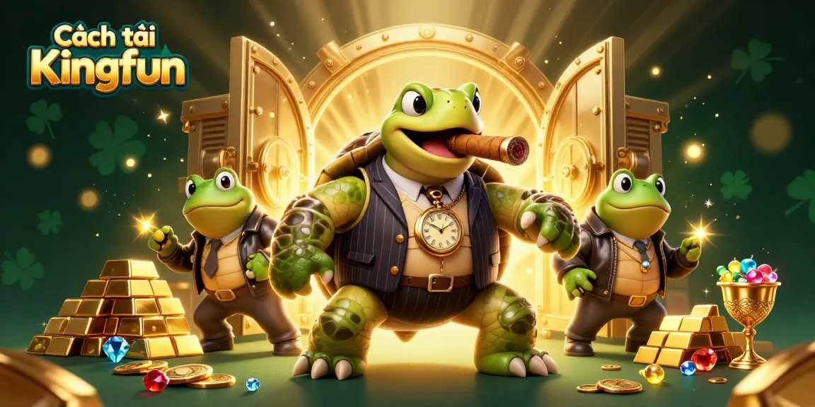 Experience Cách tải Kingfun with a vibrant 3D cartoon scene featuring a turtle and bullfrogs among treasure.