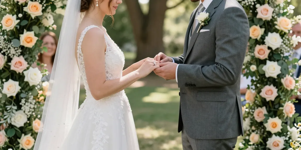 Couple exchanging luxury wedding rings in a romantic outdoor ceremony
