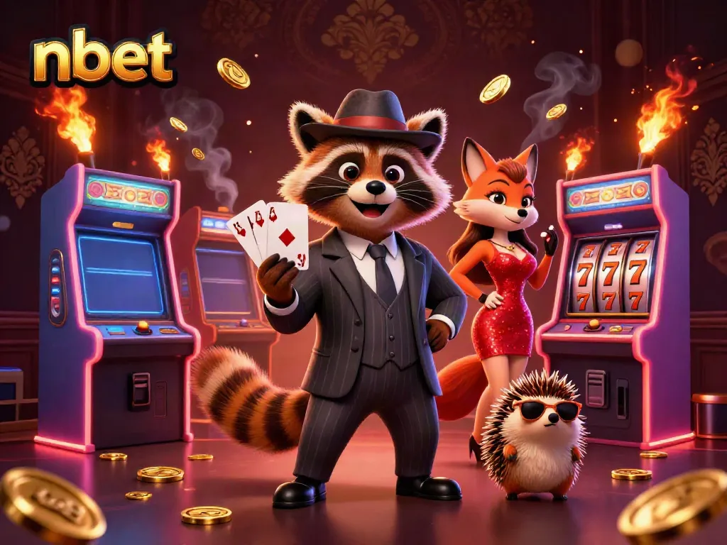 Experience the excitement of nbet with a regal raccoon and vibrant casino elements.