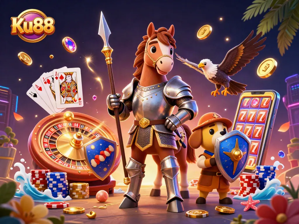 Experience thrilling gambling action with Ku88 as a knight and friends celebrate casino wins.