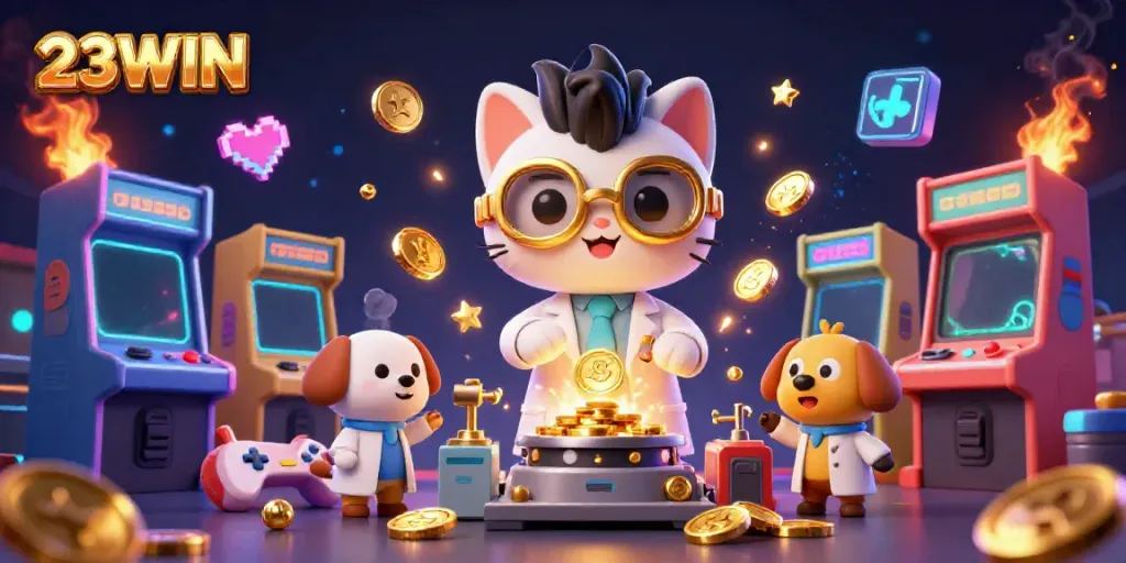 Activate your winnings with 23WIN in a vibrant casino-themed illustration featuring mad scientist characters.