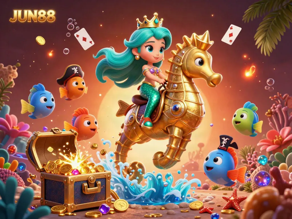 Engage with JUN88’s exciting world of games through an enchanting scene featuring a mermaid and casino elements.