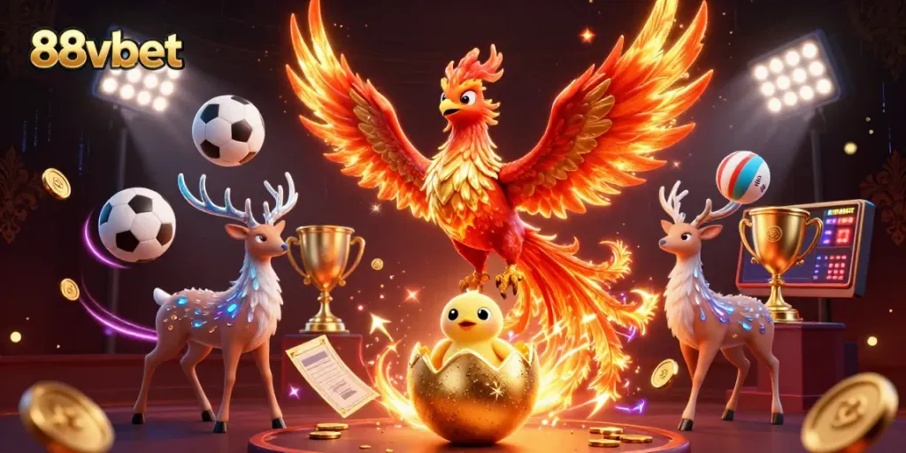 Experience the thrill of 88vbet with dynamic sports action featuring a fire phoenix and a mystical stag.