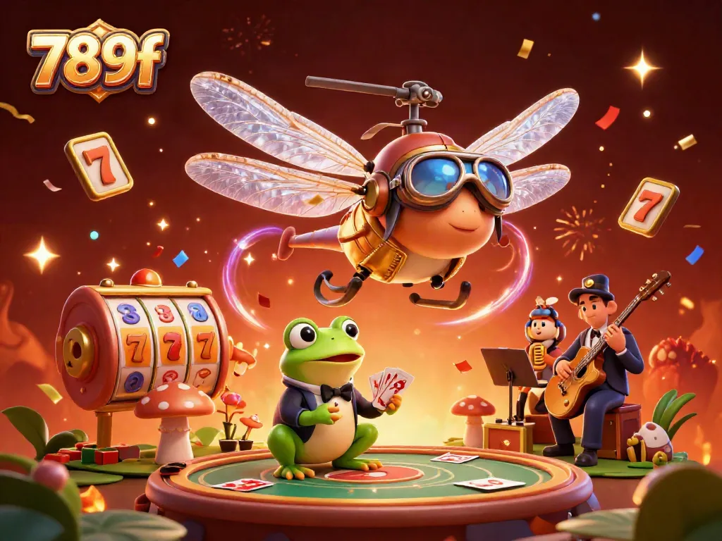 Experience the thrilling casino atmosphere with 789f while a dragonfly pilot and frog dealer showcase excitement.