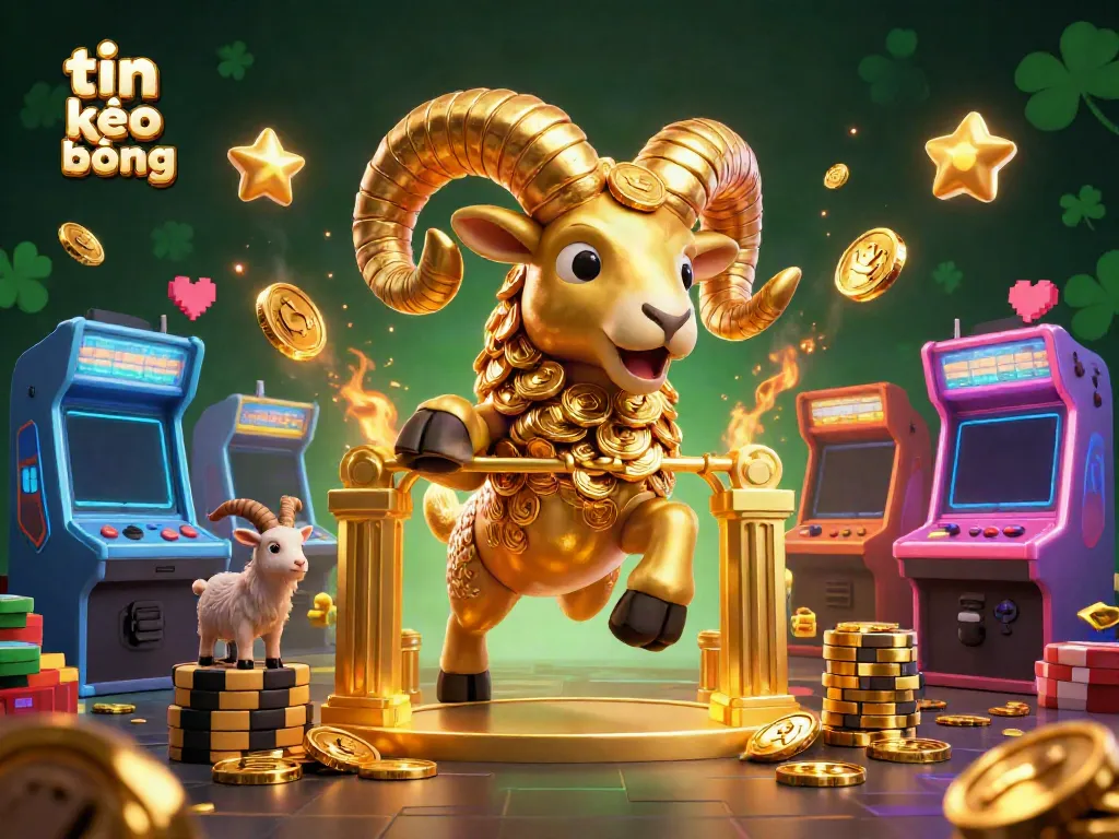 Win with tin kèo bóng đá featuring a golden ram and interactive game machines in a vibrant casino setting.