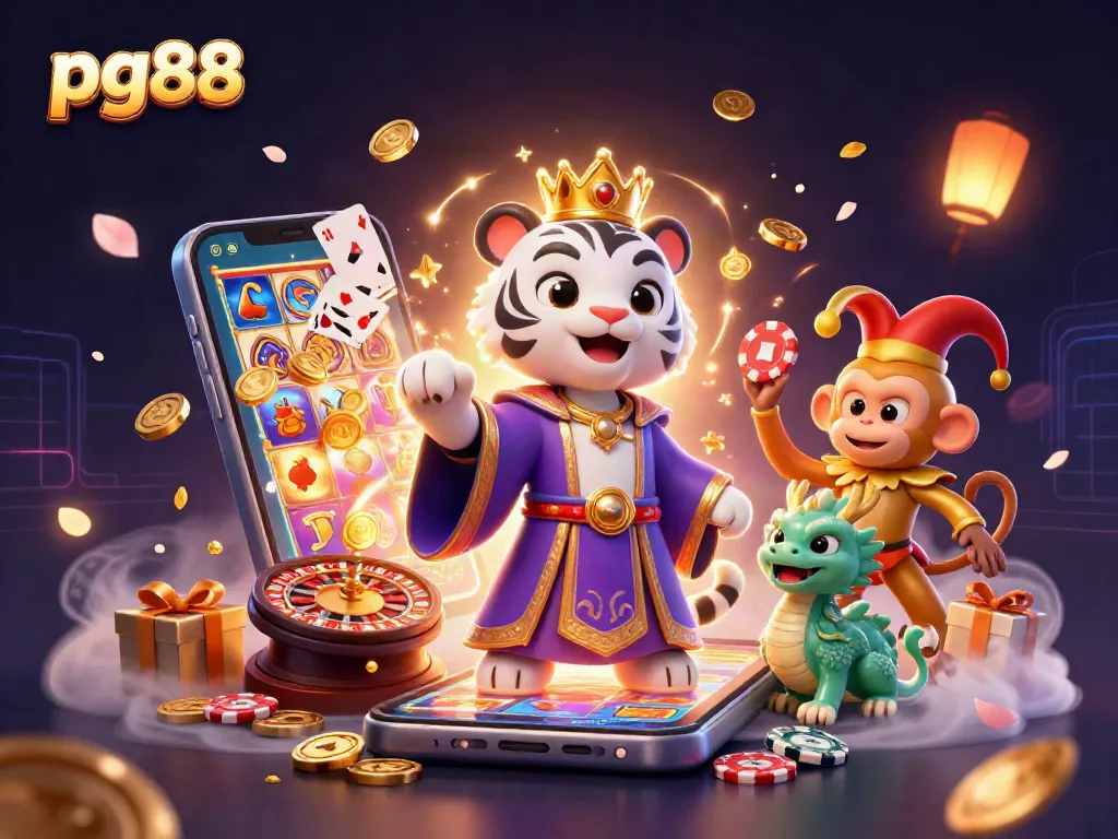 Spin and win at pg88 with a playful golden monkey juggling chips amid lively casino elements.