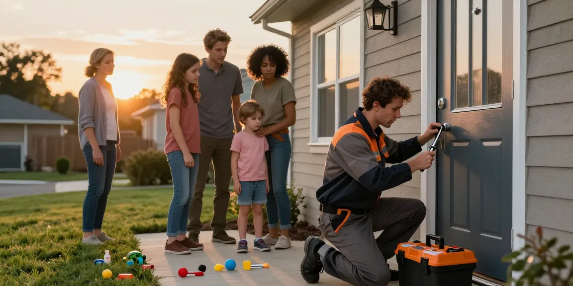 House Lockout Raleigh scene showing a locksmith helping a family regain access to their home.