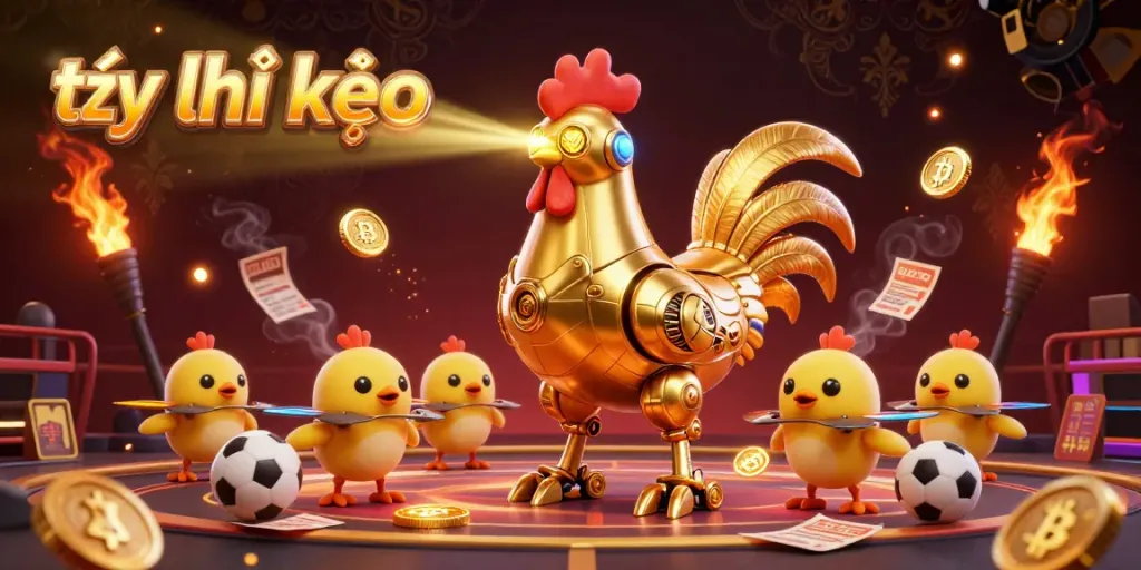 Experience the thrill of tỷ lệ kèo betting with a golden rooster robot and chick drones in action.