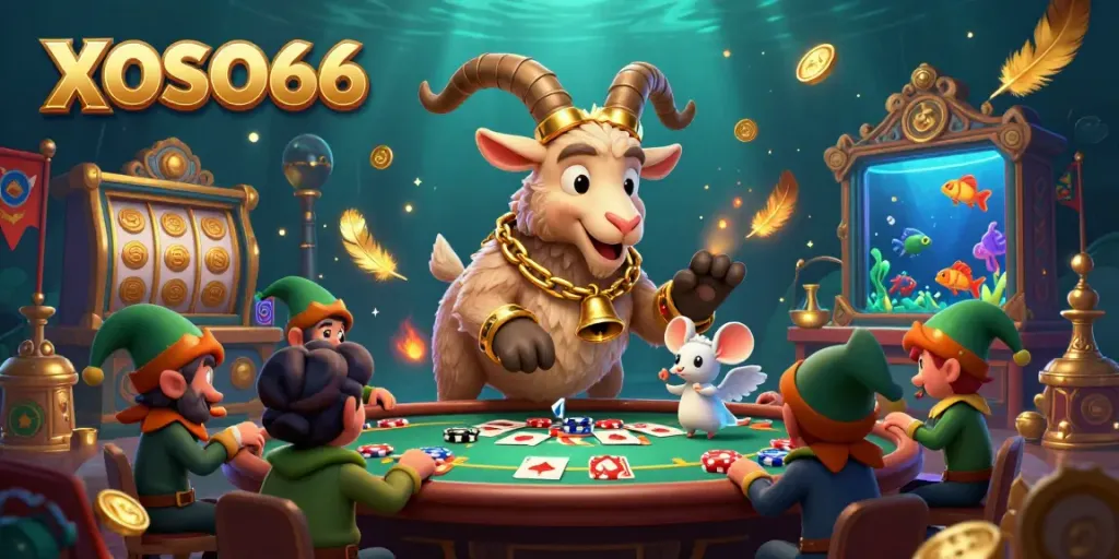 XOSO66 lively casino scene with Krampus goat, angel mouse, and gremlins stealing chips.
