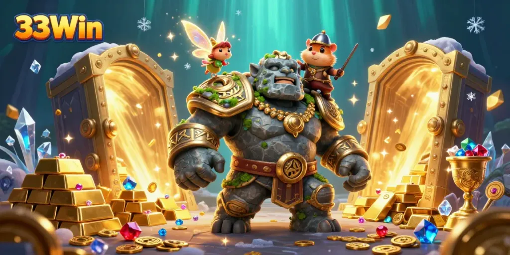 Experience the thrill of 33Win with a vibrant gaming scene featuring a magical golem, fairy, and hamster knight among treasure and sparkling gems.