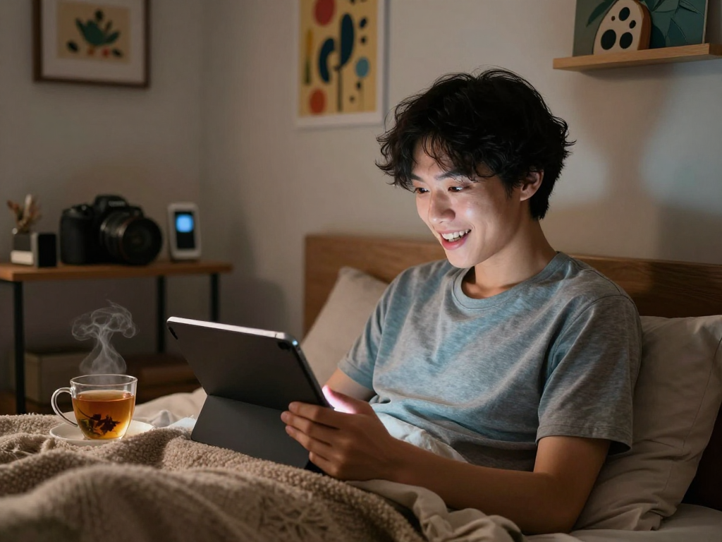 Engaging in an NSFW AI chat in a cozy bedroom setting, capturing a digital interaction moment.