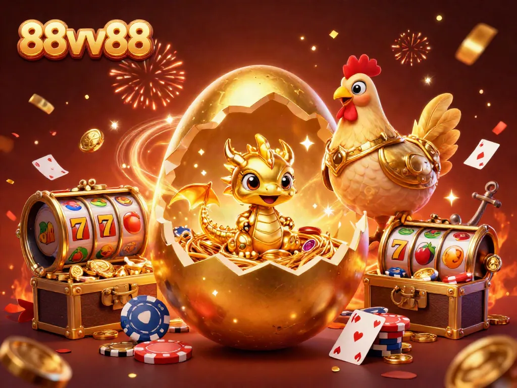 Experience the excitement of 88vv88 with a golden dragon and poker chips in a vibrant casino scene.