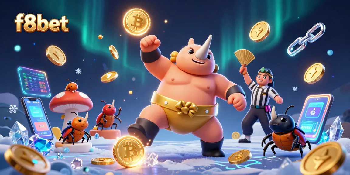 Experience thrilling gameplay at f8bet with a sumo champion beetle and vibrant cryptocurrency elements.