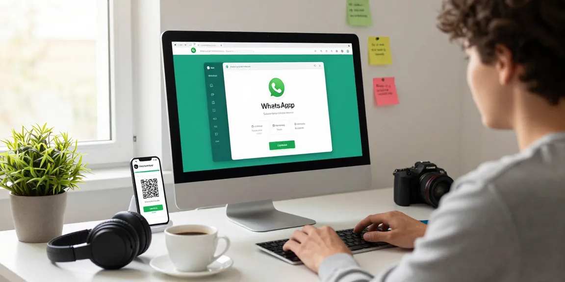 User setting up WhatsApp電腦版 on a modern desktop workspace, featuring a sleek monitor and smartphone.