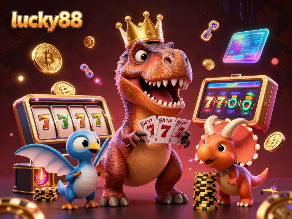 Experience thrilling action with lucky88 as 3D dinosaurs play casino games in a vibrant setting