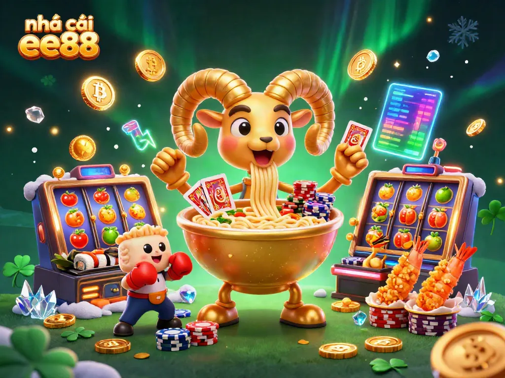 Exciting scene featuring the nhà cái ee88 logo, a vibrant 3D casino with golden ramen bowl characters and slot machine elements.