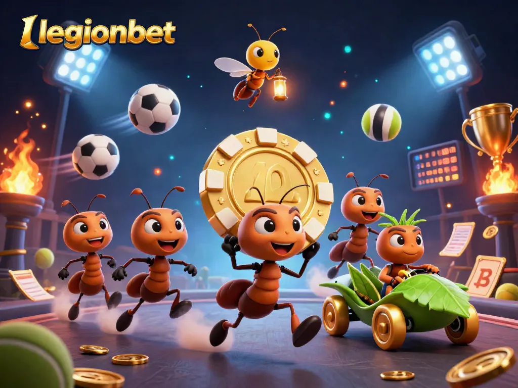 Legionbet features a cartoon heist with ants, sports elements, and rich details in a vibrant casino scene.