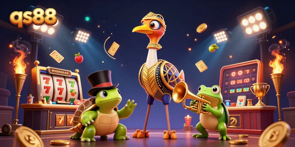 Experience thrilling gameplay with qs88's vibrant slot machine excitement and animated characters.