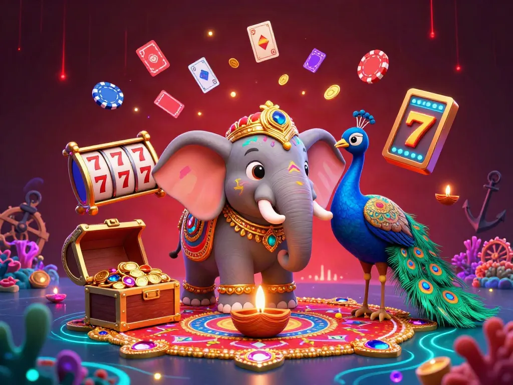 Engage in the vibrant world of Best non Gamstop Casinos with a colorful, 3D elephant and peacock design in a lively casino scene.