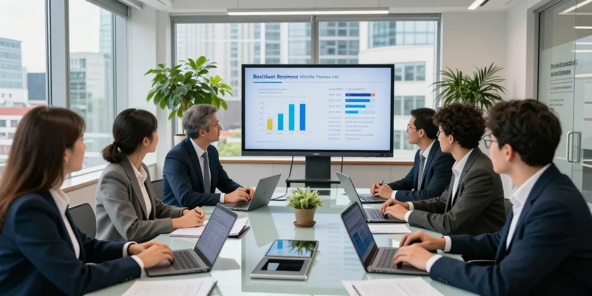 Team discussing the best business mobile providers UK in a modern office.
