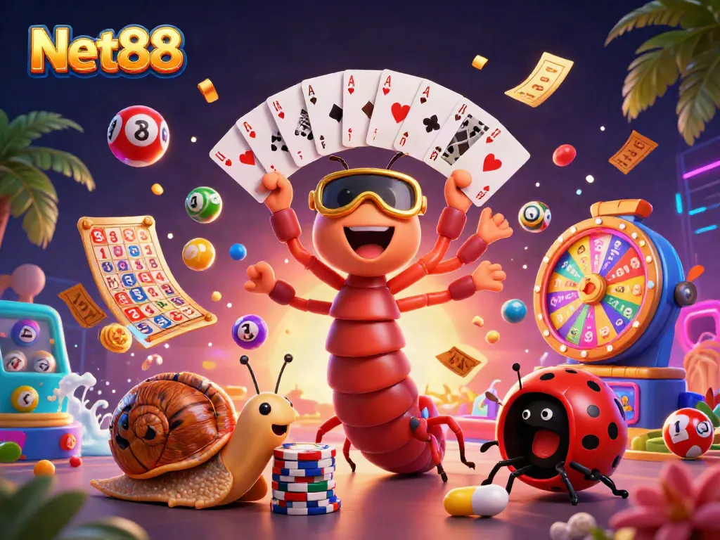 Engage in thrilling bets with Net88's dynamic 3D casino scene featuring vibrant characters and games.